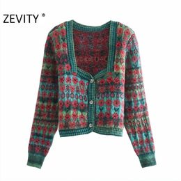 Zevity Women Vintage Square Collar Contrast Colour Flower Print Knitting Sweater Female Long Sleeve Chic Cardigans Coat Tops S540 210914