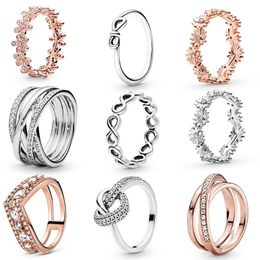 Cluster Rings 2021 Products Fashion 925 Sterling Silver & Rose Gold Colour Daisy Flower Ring For Women Original Brand Jewel