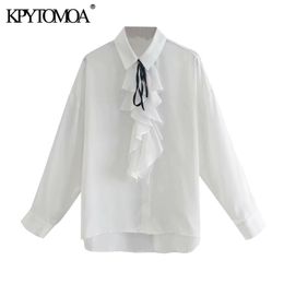 Women Fashion With Bow Tied Ruffled Office Wear Blouses Long Sleeve Button-up Female Shirts Chic Tops 210420