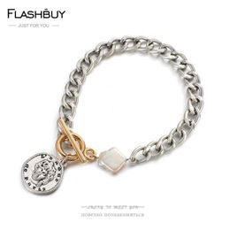 Link, Chain Flashbuy Vintage Silver Colour Cuban Bracelets Women Men Irregular Pearl Coin Portrait Charm Hip Hop Jewellery