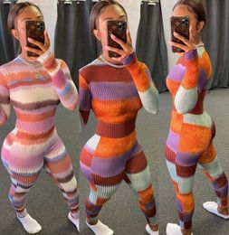 Women Jumpsuit Slim Sexy Colourful Stripes Long Sleeve Pants Ladies New Fashion Casual Printed Tight Rompers Onesies 93Z1