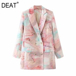 [DEAT]Women Printed Mixed Colour Double Breasted Blazer Lapel Long Sleeve Loose Jacket Fashion Spring Autumn 1870 210918