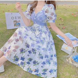 summer fashion Sweet Elegant Vintage Floral Chiffon Mesh Midi Fariy Dress Puff Sleeve Boho Beach Vacation Dresses 210531