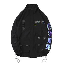 Techwear Multi-pocket Reflective Print Cargo Jackets Coats Men Casual Streetwear Harajuku Loose Outerwear Hip Hop Windbreaker 211029