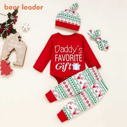 Bear Leader Baby Girls Boys Christmas Clothes Sets Fashion Infant Bebes Letter Print Tops Cartoon Pants Outfits With Hats 0-2Y 210708