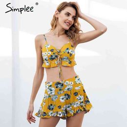 Floral print strap sexy two piece romper women Ruffle lace up smocking short playsuit Summer casual boho jumpsuit 210414