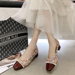 Dress Shoes Ladies High Heels Pumps Fashion Beaded Women Spring Comfortable Fabric Casual Pointed Square