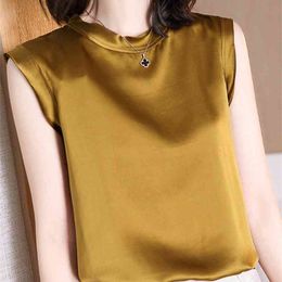 Women Summer Silk Blouse Sleeveless Office Work Wear Casual Elegant Blouses Ladies Loose Shirt Tops Blusas 210519