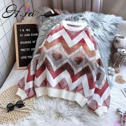 H.SA Women Winter Argyle Sweater and Pullovers Long Sleeve Wave Knitwear Pull Jumpers Korean Oversized Sweaters Roupa Mujer 210417