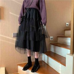 Retro High Waist Party Tutu Skirt Kawaii Irregular Puffy Tulle Long Black Korean Style Women Midi Mesh Sweet Goddess 210421