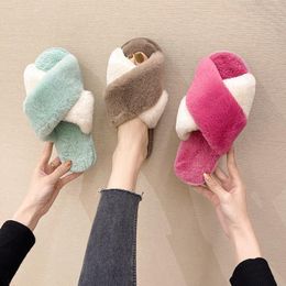 Slippers Fashion Cross Plush Women's Autumn And Winter Colourful Flip Flop Warm Home Indoor Floor Cotton 2021