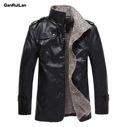 Winter Men's Leather Jackets 5XL 6XL Stand Collar Long Coats Men Windbreaker Fleece PU Leather Male Jacket JK18027 210518