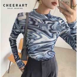 CHEERART Tie Dye Blue Mesh Top Long Sleeve T Shirt Women Turtleneck See Through Tshirt Designer Y2k Fashion Spring Autumn 210406
