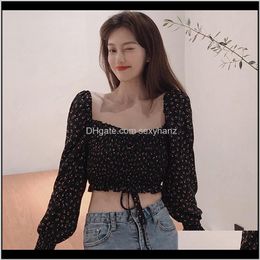 Blouses & Shirts Womens Clothing Apparel Drop Delivery 2021 Fashionable Square Collar Sexy Sweet Pleated Small Floral Print Short Chiffon Shi