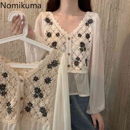 Nomikuma Flower Embroidery V Neck Shirts Women See Through Long Sleeve Single Breasted Short Blouse Female Chic Blusas Mujer 210514