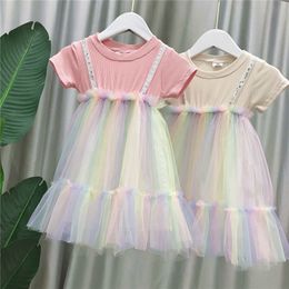 Summer Dress Fashion Short-sleeve Sequined Printed Net Gauze Patchwork Princess Cute Kid Clothes Girl 210515