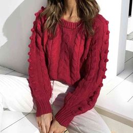 knitted red balls pullovers sweater female sweater casual oversized vintage sweater autumn winter long sleeve jumper 210415
