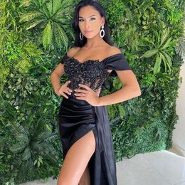 Black Mermaid High Split Evening Dresses Gowns 2022 Satin Beaded For Prom Party Night Vestidos De Fiesta De Noche