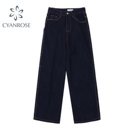 Loose Denim Pants Women Stitched Design Retro Wide Leg Jeans Streetwear Relax Dark Blue Japanese Straight BF Trousers 210515