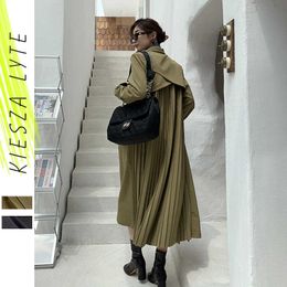 Women Long Trench Coat With Belt Patchwork Pleated Green Black Windbreaker Autumn Winter Ladies Outerwear 210608