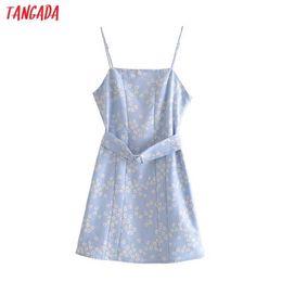 Tangada Fashion Women Blue Floral Print Dress with Slash Vintage Sleeveless High Street Ladies Mini Dress 3H441 210609