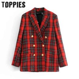 Toppies New Women Double Breasted Coat Fashion Spring Jackets Red Plaid Coats For Women 210412