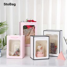 StoBag 6pcs/Lot Flower Gift Packing Thicken Handle Bag Wedding Birthday Specially Handbag With Transparent Window 210602