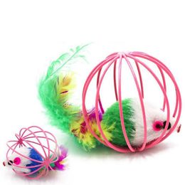 pet mice cages UK - Cat Toys 2pcs Ball Mouse In Cage Plush Flash With Colorful Feather Tail Rat Mice Toy For Kitten Pet Accessories