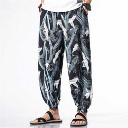 New Arrival Summer Men's Harem Pants Streetwear Bloomers Baggy Trousers Men's Chinese Crane Print Elastic Waist Loose Pants X0723