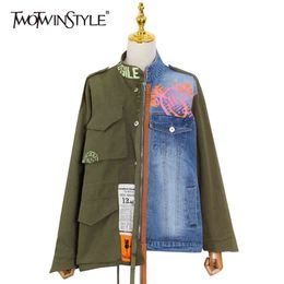 Casual Hit Colour Denim Jacket For Women Stand Collar Long Sleeve Korean Loose Print Jackets Female Fashion 210524