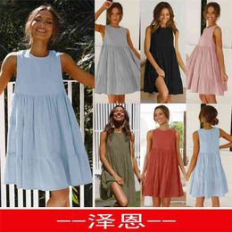 Summer Round Neck Sleeveless Cake Stitching Big Loose Dress Women Fashion Solid Colour A-Line Sundress Women's Clothing 210517