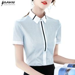 Summer Fashion Temperament Women Shirt Professional Stripes Short Sleeve Slim Chiffon Blouses Office Ladies Work Tops 210604