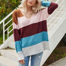 Casual Woman Loose Colorful Stripe V Neck Sweater Spring Autumn Fashion Ladies Backless Knitwear Female Chic Oversized Tops 210515