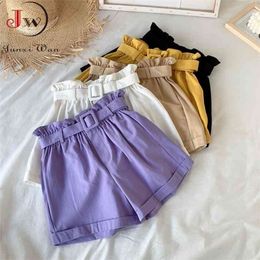 Women Casual High Waist Loose Cotton Short Pants Summer Elegant Sweet Girls All-Match Wide Leg Shorts With Belt Korean 210724