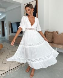 INSPIRED Cowboy maxi Dress White Deep V neckline Crochet frill trim summer flare sleeve chic women 210412