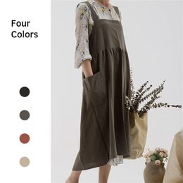 Korean Style Solid Color Linen Apron Large Size Adjustable M-XL Buttons Shape Kitchen Cooking Clothes Gift for Women Chef 210629