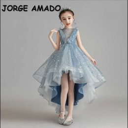 Spring Teenagers Girls Princess Dress Soild Color Starry Sky Sequins Party High Low Flower Girl for Wedding E204 210610
