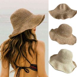 Summer Hoilday Floppy Straw Hat Women Ladies Wide Brim Beach Foldable Bow Flower Straw Sun Hat Sun Cap One Size Wide G220301