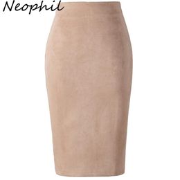 Neophil Winter Women Suede Midi Pencil Skirt High Waist Grey Pink XXL Sexy Style Stretch Wrap Ladies Office Work Saia S1009 220216