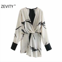 Zevity Women vintage Colour matching ink print knotted chiffon blouse lady back zipper shirt chic feminina blusas tops LS7226 210603