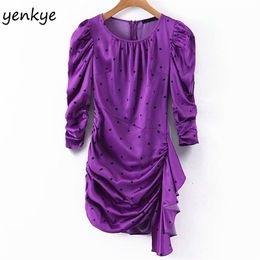 Fashion Women Vintage Polka Dot Draped Bodycon Mini Dress Female Puff Sleeve O Neck Purple Summer Sexy LJPZ9169 210514