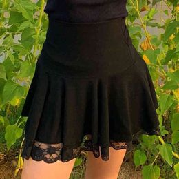 Goth Y2K Lace Edge Patched High-Waisted Short Black Pleated Skirt Woman E-Girl Aesthetic Vintage Mini Skirts Saias Female 210415