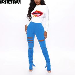 Tracksuit Women Sets Two-piece Suit Fashion Print Long Sleeve Tops & Hole Stacked Pants Matching Plus Size Autumn Sweatsuit 210520