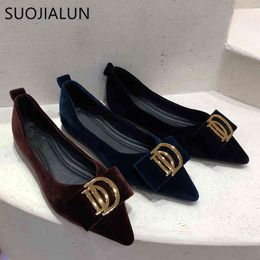 SUOJIALUN Brand Design Metal Buckle Flats Ballet Shoes Pointed Toe Slip On Female Ballerina Casual Loafers zapatillas mujer C0330