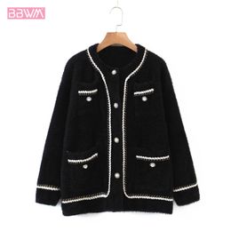 Temperament Round Neck Long Sleeves Women's Jacket Coat Vintage Splicing Short Mink Fur Xiaoxiangfeng Loose Chic Tops Female 210507