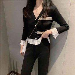 Women Spring Knit Flare Sleeve Cardigans Loose Pleated Hem Pants Sets V Neck Single Breasted Knitted Tops Ankle-Length Pant Suit 210519