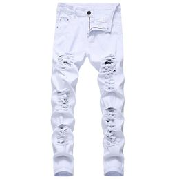 Men's Jeans Denim Trousers Fashion Designer Brand White Straight Hole Ripped Pants Made Old