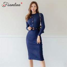 Autumn Winter Knitted Bodycon Dress Korean Style Women Long Sleeve Buttons Belted Midi Pencil Sheath Work 210603