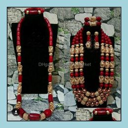 Earrings & Necklace Jewelry Sets Big Luxury Real Beads Wedding Wine Red African Coral Bridal Couple For Bride And Groom Abh711 C18122701 Dro