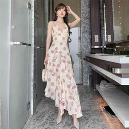 summer wave point sexy V-neck suspender dress waist stitching irregular lotus leaf Sleeveless Office Lady 210416